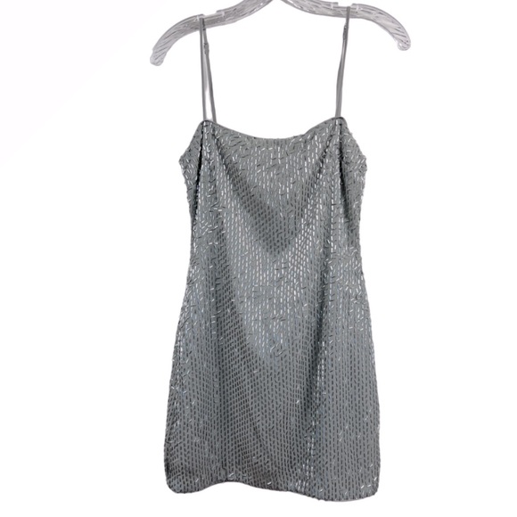 ZARA Gray Silver Beaded Spaghetti Strap Mini Dress S NWT - Picture 4 of 13